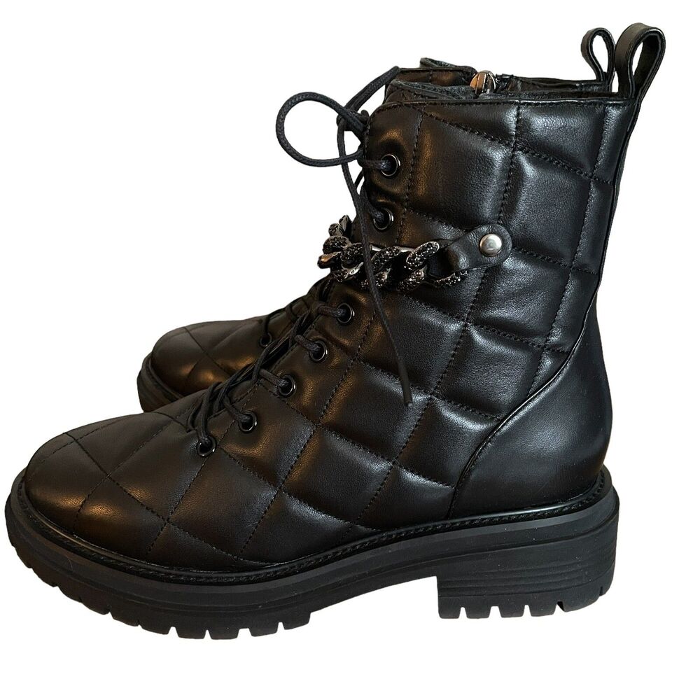 Lola Cruz Combat Moto Boots Sz EU 37 US 7 Black Leather Quilted Rhinestone Chain - Picture 5 of 7